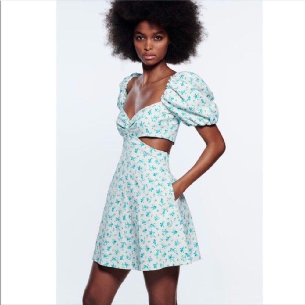 Zara White & Blue Floral Puff Sleeves Cut Out Mini Dress Size XS